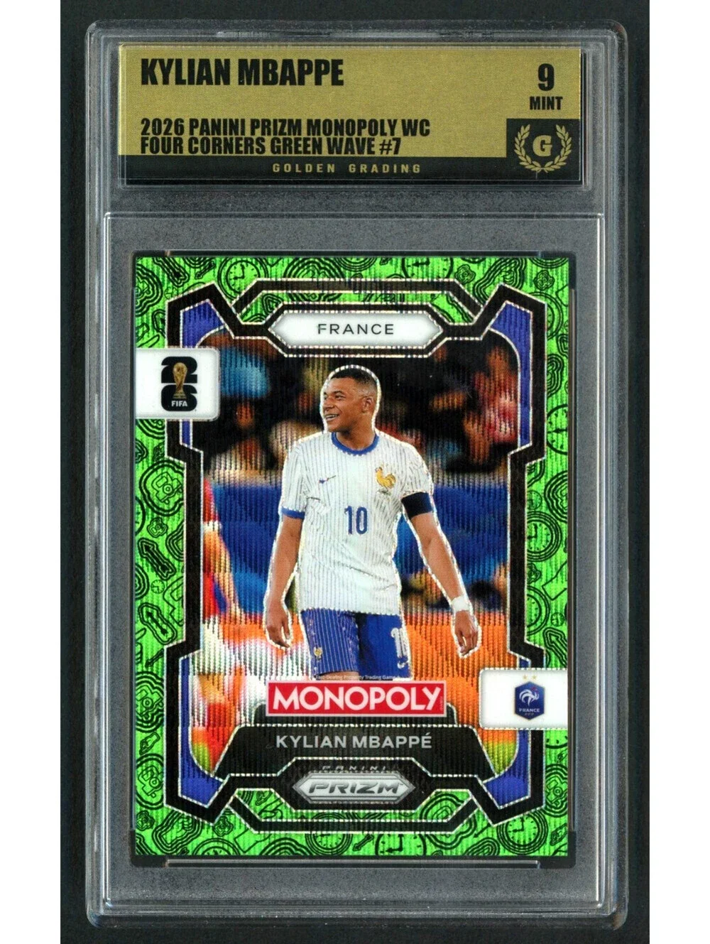 2026 Prizm Monopoly FIFA WC. #7 Four Corners Green Wave Kylian Mbappe Mint 9